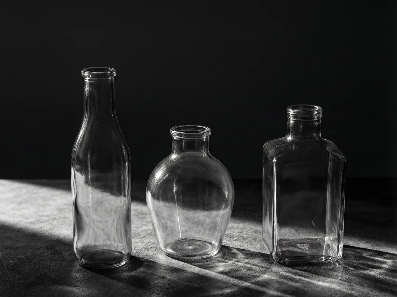 Black and white photograph: unlabeled glass bottles in a row, hard side light