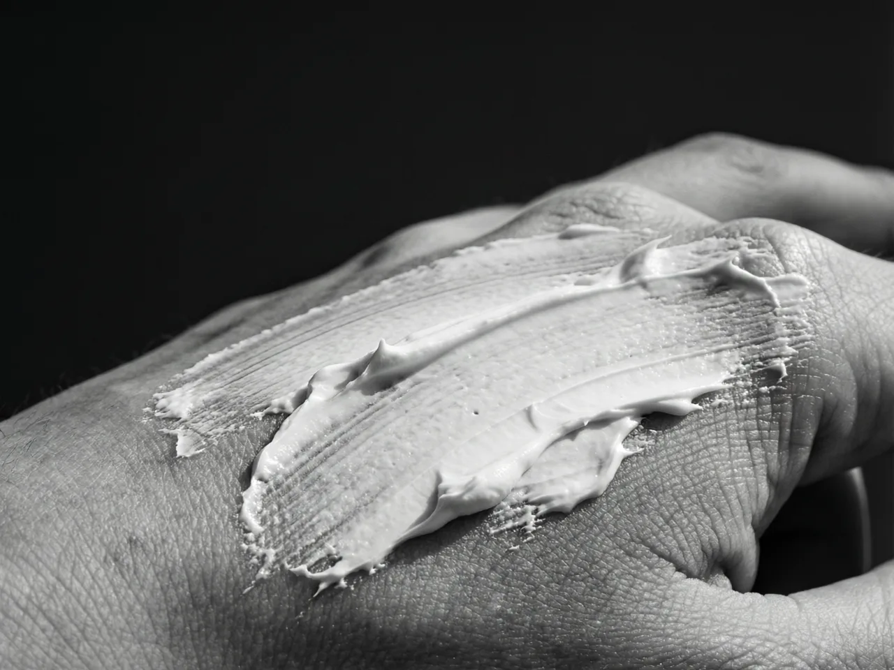 Black and white photograph: a frontier cream texture being spread on skin